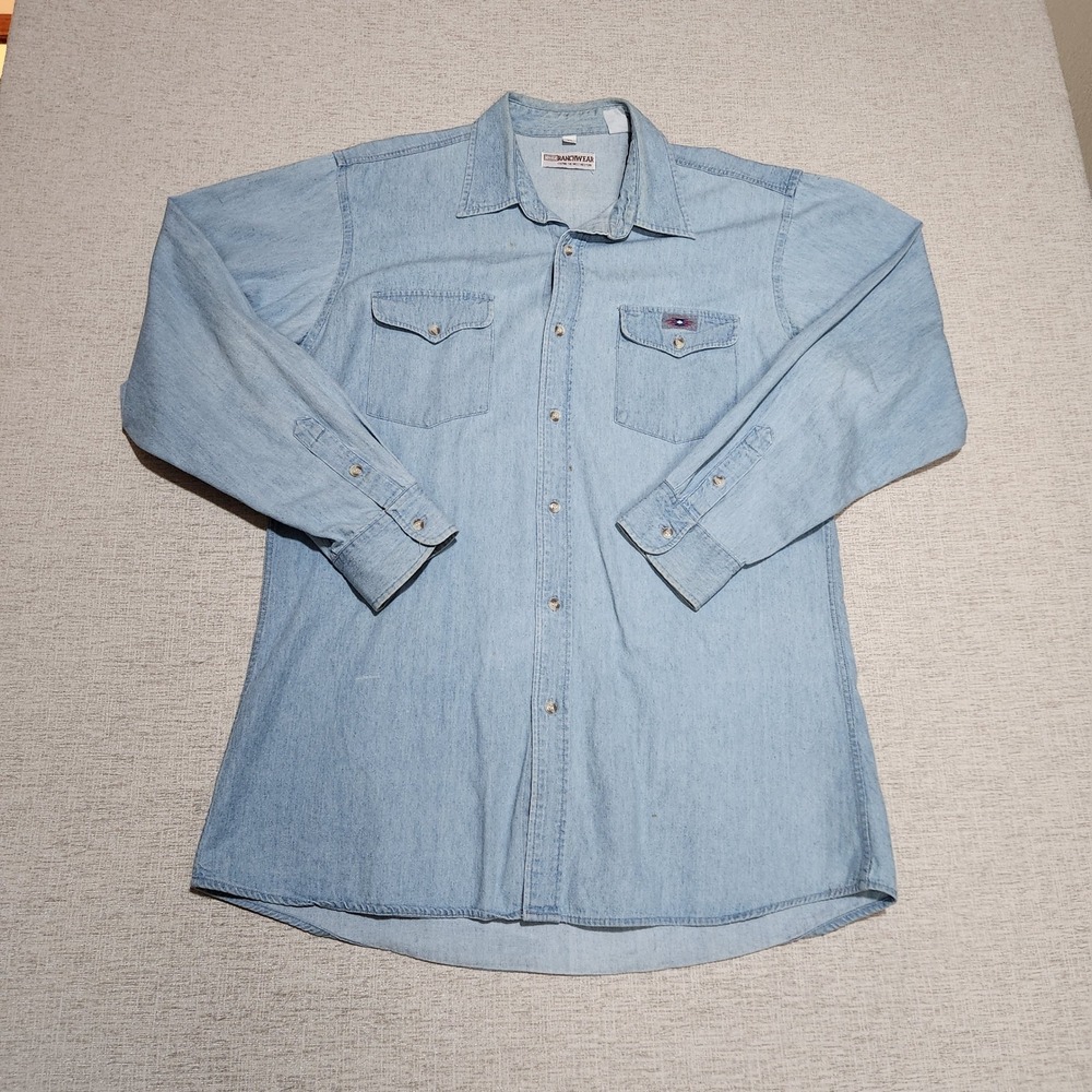Corral West Ranchwear Denim Shirt Mens XL Light Wash Southwestern Embroidered